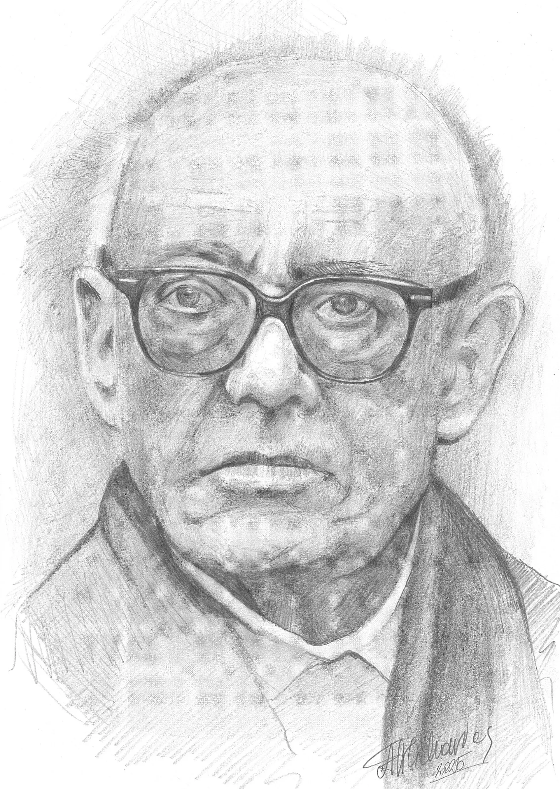 Eine Porträtzeichnung vom österreichischen Dichter und Schriftsteller Ernst Jandl. Die Zeichnung ist nur mit schwarzem Bleistift erstellt worden und man sieht den Kopf bis zu den Schultern..