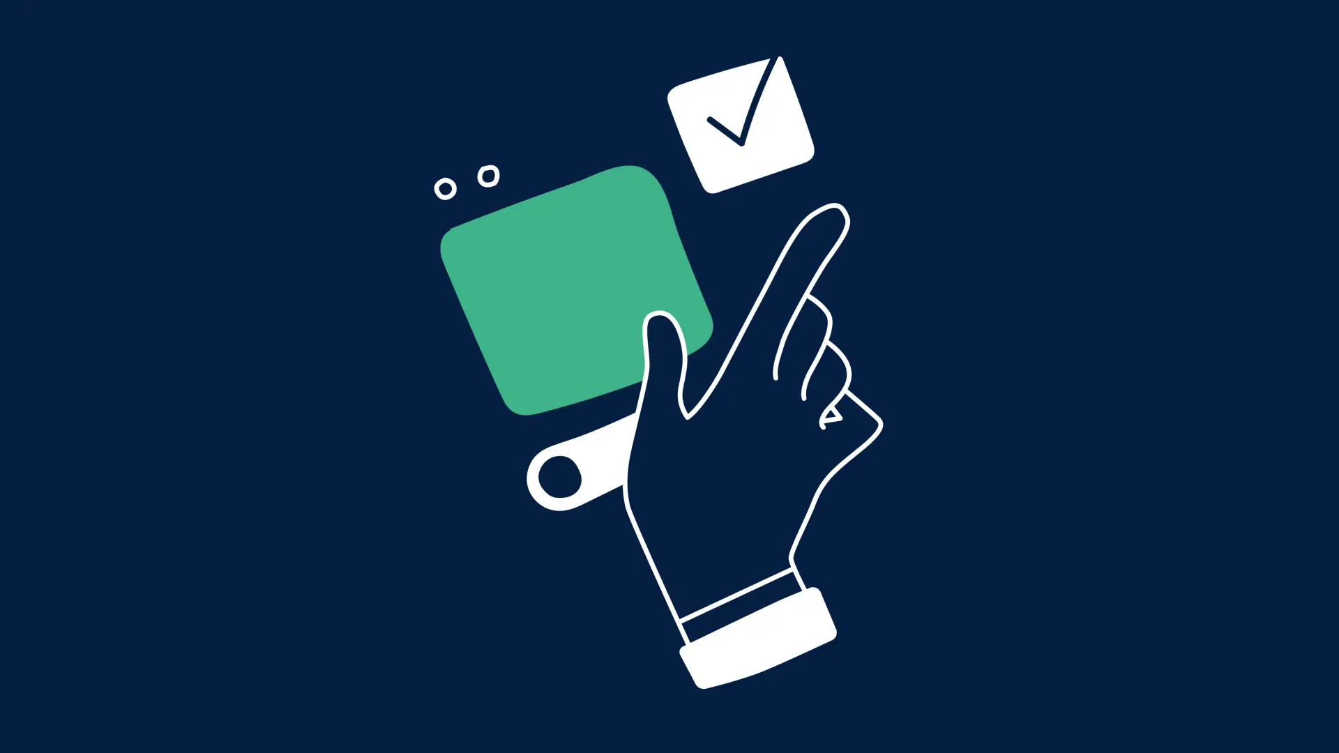 Illustration mit dunklem Hintergrund. Darauf ist eine Hand zu sehen, die verschiedene Vierecke anklickt, die App-Fenster andeuten sollen.