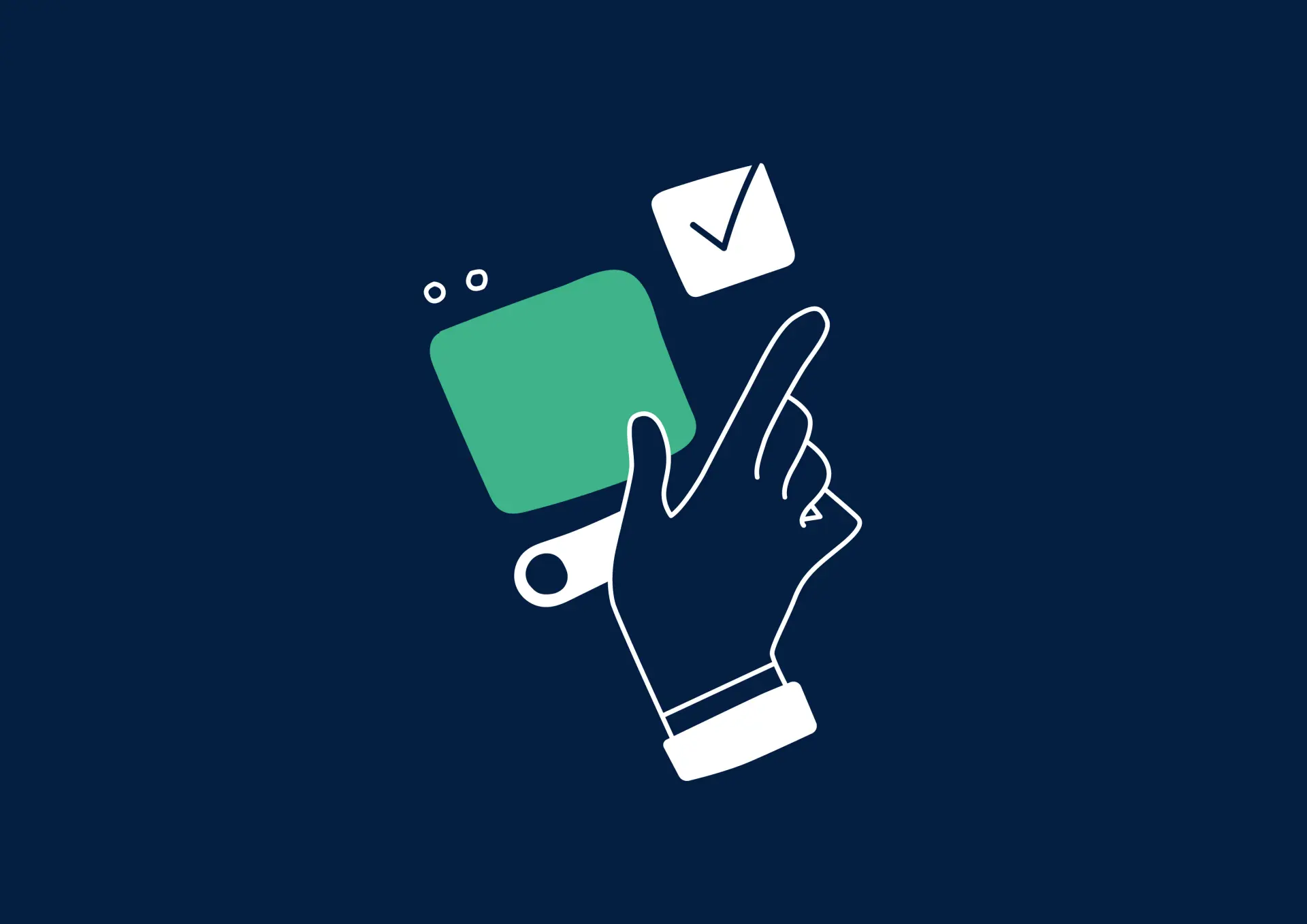 Illustration mit dunklem Hintergrund. Darauf ist eine Hand zu sehen, die verschiedene Vierecke anklickt, die App-Fenster andeuten sollen.